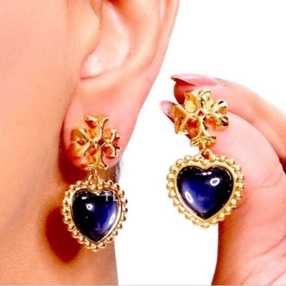 TORY BURCH ROXANNE BLUE /GOLD 18k GOLD PLATED EARRINGS NWT - Picture 2 of 7